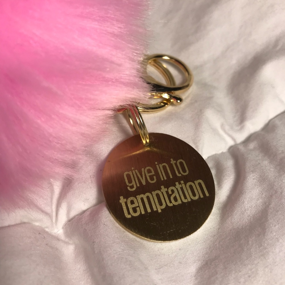 Give In To Temptation pink fluff keychain